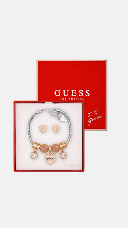 Guess mixed tone heart charm bracelet and earrings box set