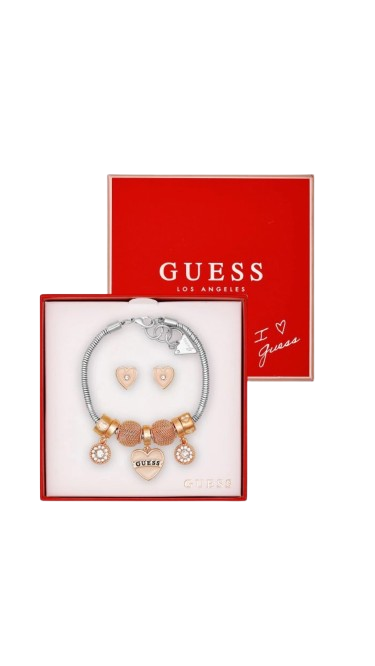 Guess mixed tone heart charm bracelet and earrings box set