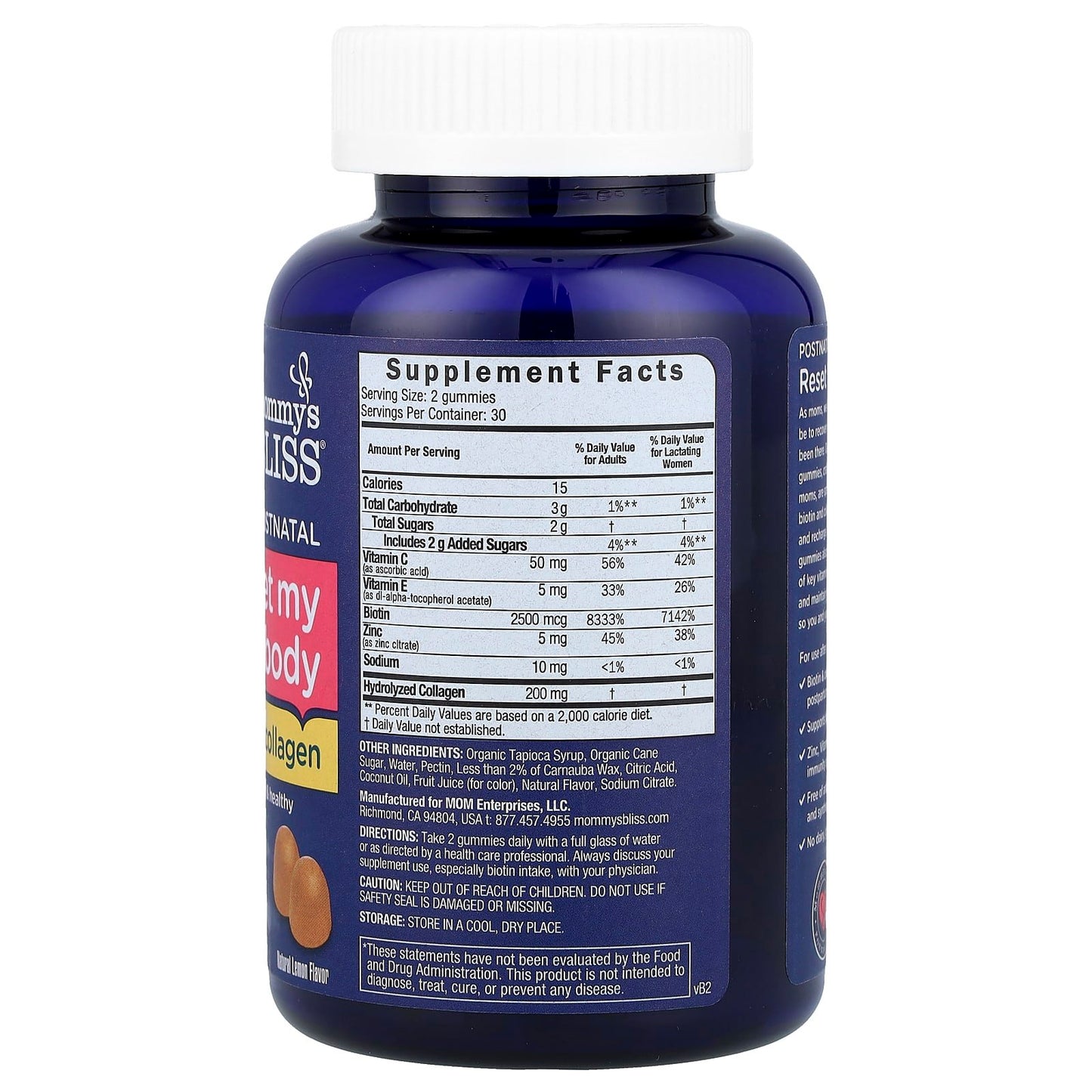 Mommy's BlissPostnatal, Reset My Body With Biotin &amp; Collagen, Natural Lemon, 60 Gummies