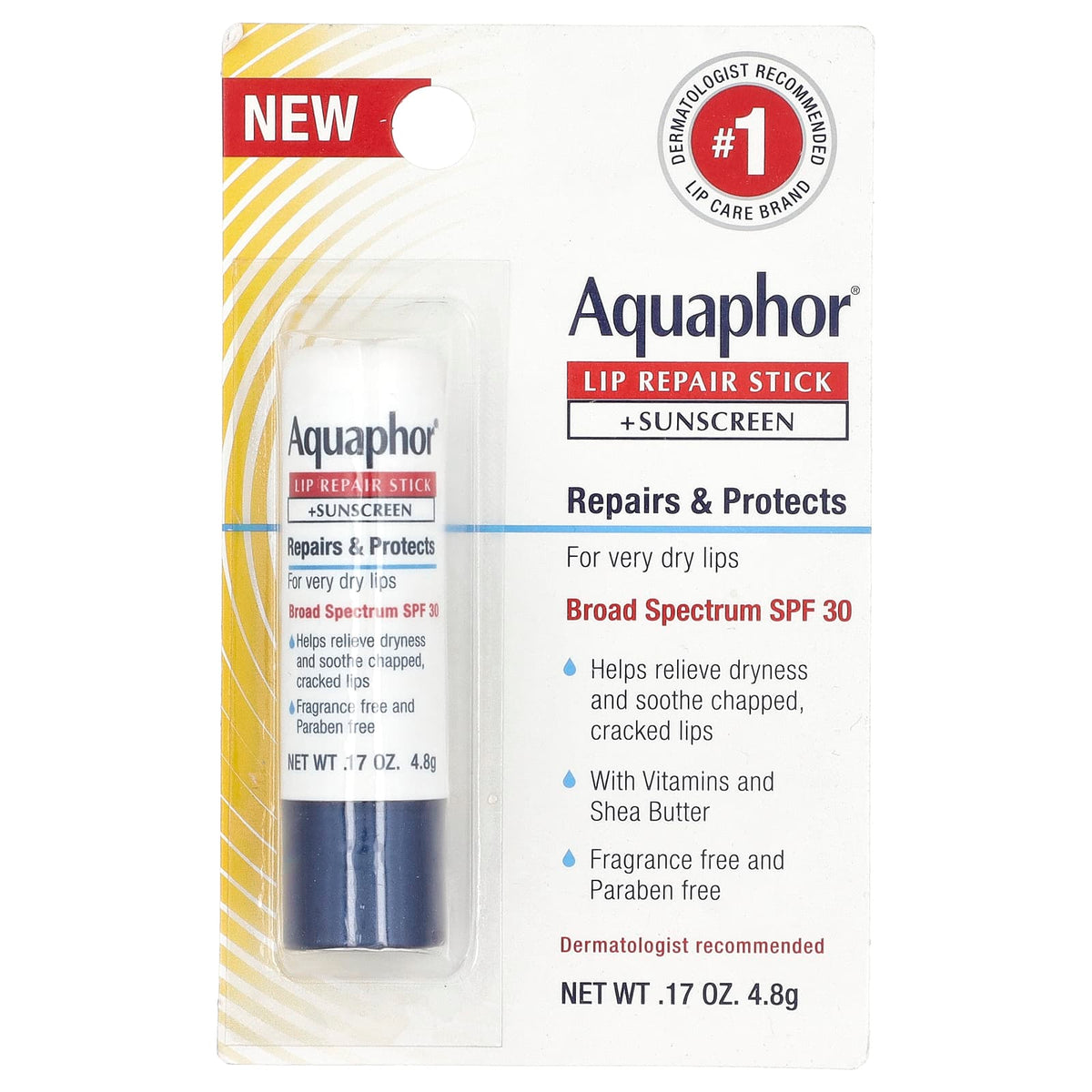 Aquaphor Lip Repair Stick + Sunscreen, SPF 30, Fragrance Free (4.8 g)